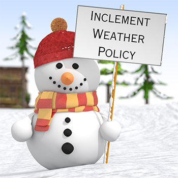 snowman holding an inclement weather sign